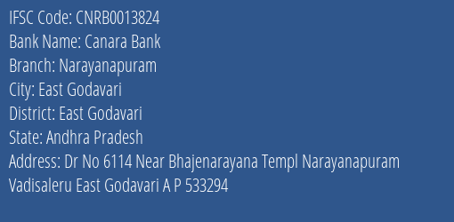Canara Bank Narayanapuram Branch East Godavari IFSC Code CNRB0013824