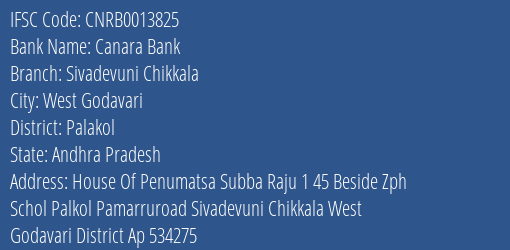 Canara Bank Sivadevuni Chikkala Branch Palakol IFSC Code CNRB0013825