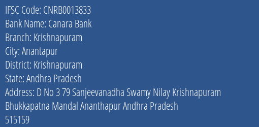 Canara Bank Krishnapuram Branch Krishnapuram IFSC Code CNRB0013833