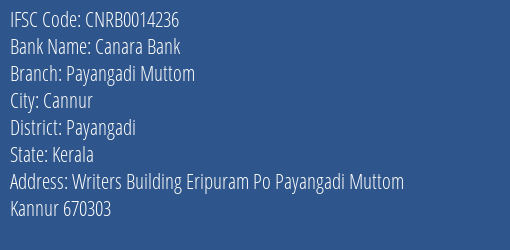 Canara Bank Payangadi Muttom Branch Payangadi IFSC Code CNRB0014236