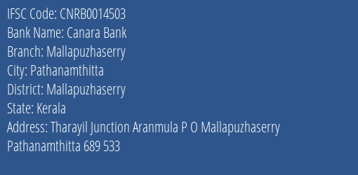 Canara Bank Mallapuzhaserry Branch Mallapuzhaserry IFSC Code CNRB0014503