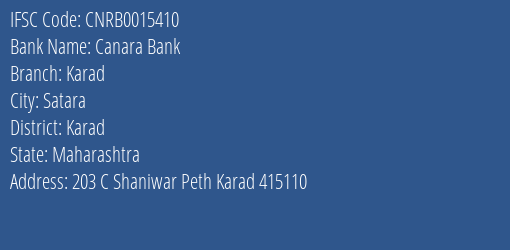 Canara Bank Karad Branch Karad IFSC Code CNRB0015410