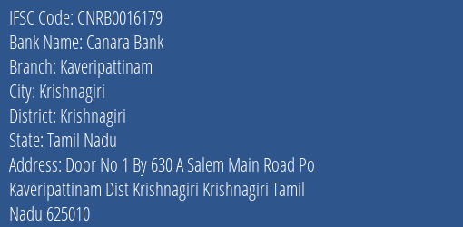Canara Bank Kaveripattinam Branch Krishnagiri IFSC Code CNRB0016179