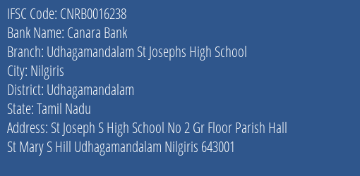 Canara Bank Udhagamandalam St Josephs High School Branch Udhagamandalam IFSC Code CNRB0016238