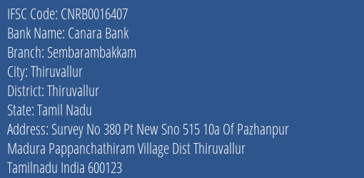 Canara Bank Sembarambakkam Branch Thiruvallur IFSC Code CNRB0016407