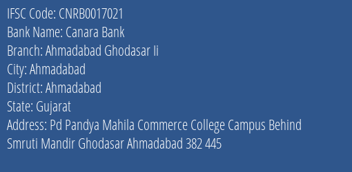 Canara Bank Ahmadabad Ghodasar Ii Branch Ahmadabad IFSC Code CNRB0017021