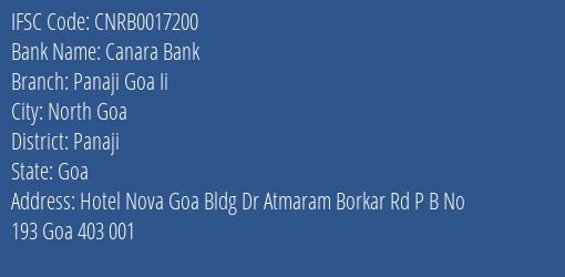 Canara Bank Panaji Goa Ii Branch Panaji IFSC Code CNRB0017200
