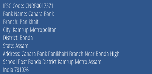 Canara Bank Panikhaiti Branch Bonda IFSC Code CNRB0017371