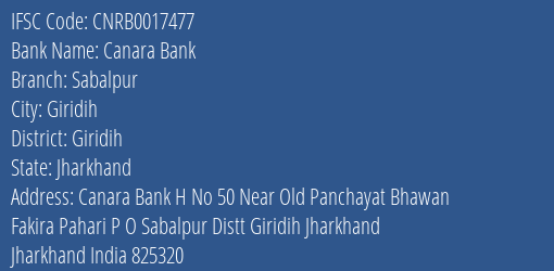 Canara Bank Sabalpur Branch Giridih IFSC Code CNRB0017477