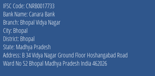 Canara Bank Bhopal Vidya Nagar Branch Bhopal IFSC Code CNRB0017733