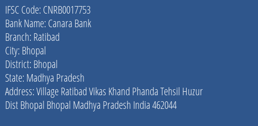 Canara Bank Ratibad Branch Bhopal IFSC Code CNRB0017753