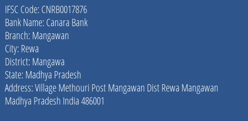 Canara Bank Mangawan Branch Mangawa IFSC Code CNRB0017876