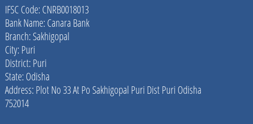 Canara Bank Sakhigopal Branch Puri IFSC Code CNRB0018013