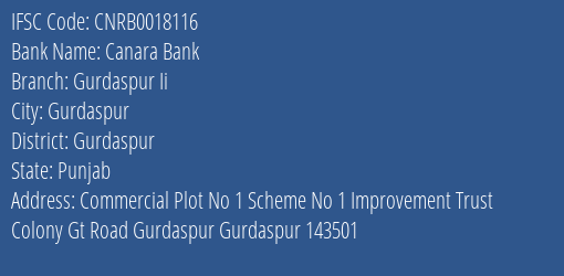Canara Bank Gurdaspur Ii Branch Gurdaspur IFSC Code CNRB0018116