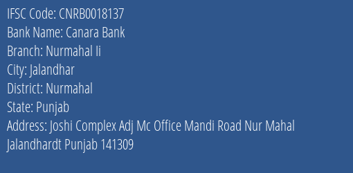 Canara Bank Nurmahal Ii Branch Nurmahal IFSC Code CNRB0018137