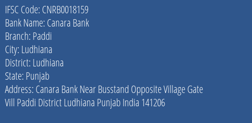 Canara Bank Paddi Branch Ludhiana IFSC Code CNRB0018159