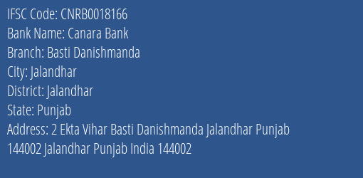 Canara Bank Basti Danishmanda Branch Jalandhar IFSC Code CNRB0018166