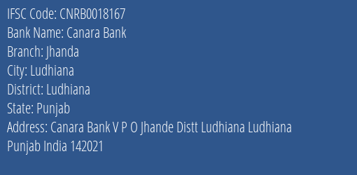 Canara Bank Jhanda Branch Ludhiana IFSC Code CNRB0018167
