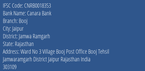 Canara Bank Booj Branch Jamwa Ramgarh IFSC Code CNRB0018353