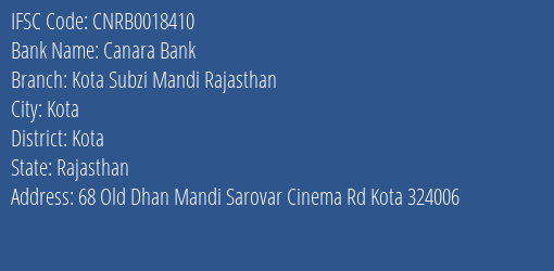 Canara Bank Kota Subzi Mandi Rajasthan Branch Kota IFSC Code CNRB0018410