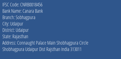 Canara Bank Sobhagpura Branch Udaipur IFSC Code CNRB0018456