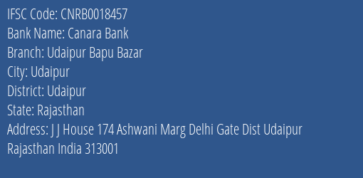 Canara Bank Udaipur Bapu Bazar Branch Udaipur IFSC Code CNRB0018457