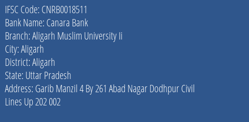 Canara Bank Aligarh Muslim University Ii Branch Aligarh IFSC Code CNRB0018511
