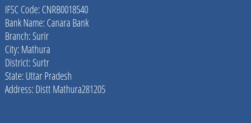 Canara Bank Surir Branch Surtr IFSC Code CNRB0018540
