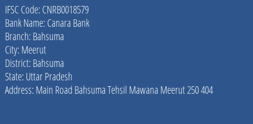 Canara Bank Bahsuma Branch Bahsuma IFSC Code CNRB0018579
