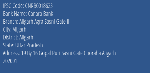 Canara Bank Aligarh Agra Sasni Gate Ii Branch Aligarh IFSC Code CNRB0018623