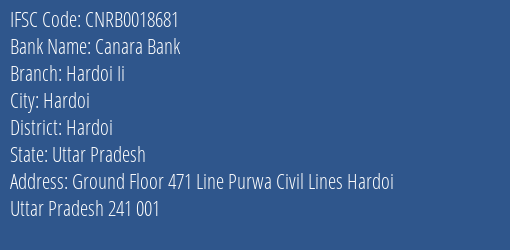 Canara Bank Hardoi Ii Branch Hardoi IFSC Code CNRB0018681