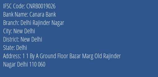 Canara Bank Delhi Rajinder Nagar Branch, Branch Code 019026 & IFSC Code CNRB0019026