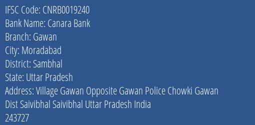 Canara Bank Gawan Branch Sambhal IFSC Code CNRB0019240
