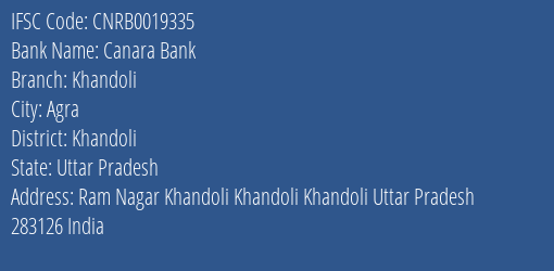 Canara Bank Khandoli Branch Khandoli IFSC Code CNRB0019335