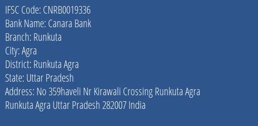 Canara Bank Runkuta Branch Runkuta Agra IFSC Code CNRB0019336