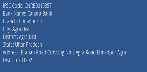 Canara Bank Etmadpur Ii Branch Agra Dist IFSC Code CNRB0019357