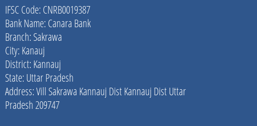 Canara Bank Sakrawa Branch Kannauj IFSC Code CNRB0019387