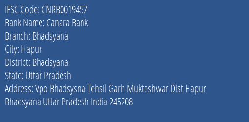 Canara Bank Bhadsyana Branch Bhadsyana IFSC Code CNRB0019457