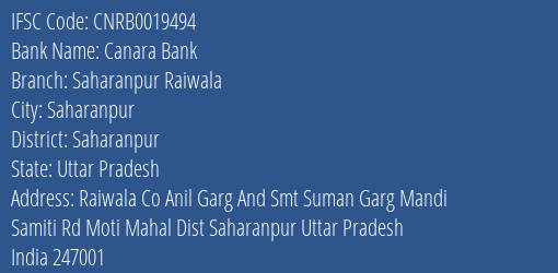 Canara Bank Saharanpur Raiwala Branch Saharanpur IFSC Code CNRB0019494