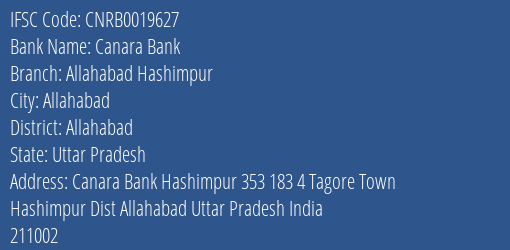 Canara Bank Allahabad Hashimpur Branch Allahabad IFSC Code CNRB0019627