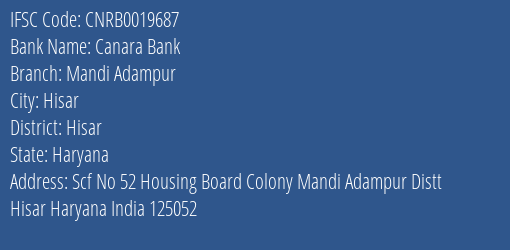 Canara Bank Mandi Adampur Branch Hisar IFSC Code CNRB0019687