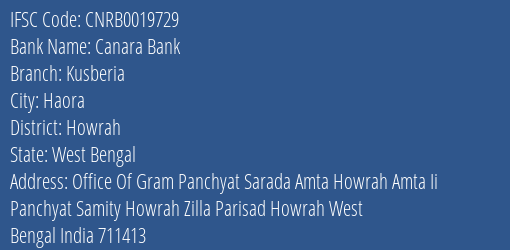 Canara Bank Kusberia Branch Howrah IFSC Code CNRB0019729