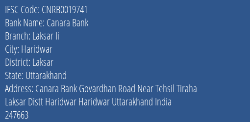 Canara Bank Laksar Ii Branch Laksar IFSC Code CNRB0019741