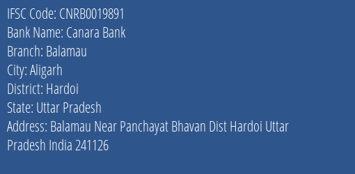 Canara Bank Balamau Branch Hardoi IFSC Code CNRB0019891