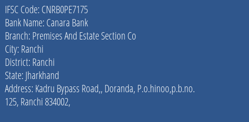 Canara Bank Premises And Estate Section Co Branch Ranchi IFSC Code CNRB0PE7175