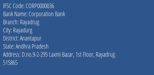 Corporation Bank Rayadrug Branch Anantapur IFSC Code CORP0000036