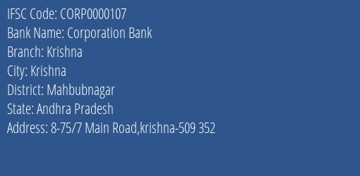 Corporation Bank Krishna Branch Mahbubnagar IFSC Code CORP0000107