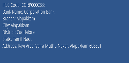 Corporation Bank Alapakkam Branch Cuddalore IFSC Code CORP0000388