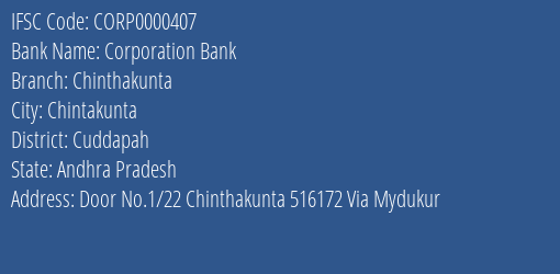 Corporation Bank Chinthakunta Branch Cuddapah IFSC Code CORP0000407