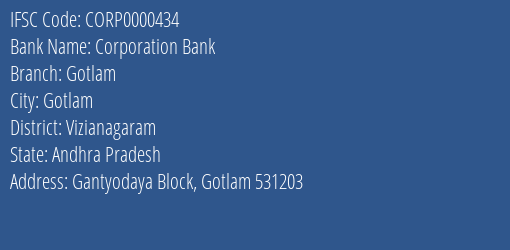 Corporation Bank Gotlam Branch Vizianagaram IFSC Code CORP0000434